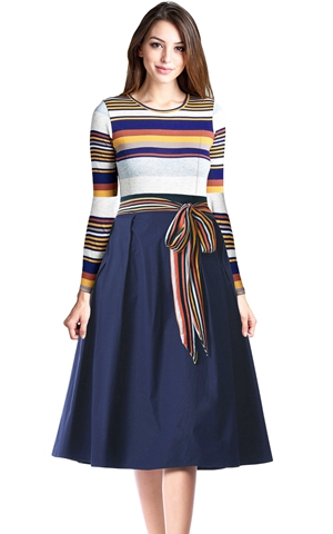 BY610400-22 Navy  Striped Poplin Sash Tie Midi Dress